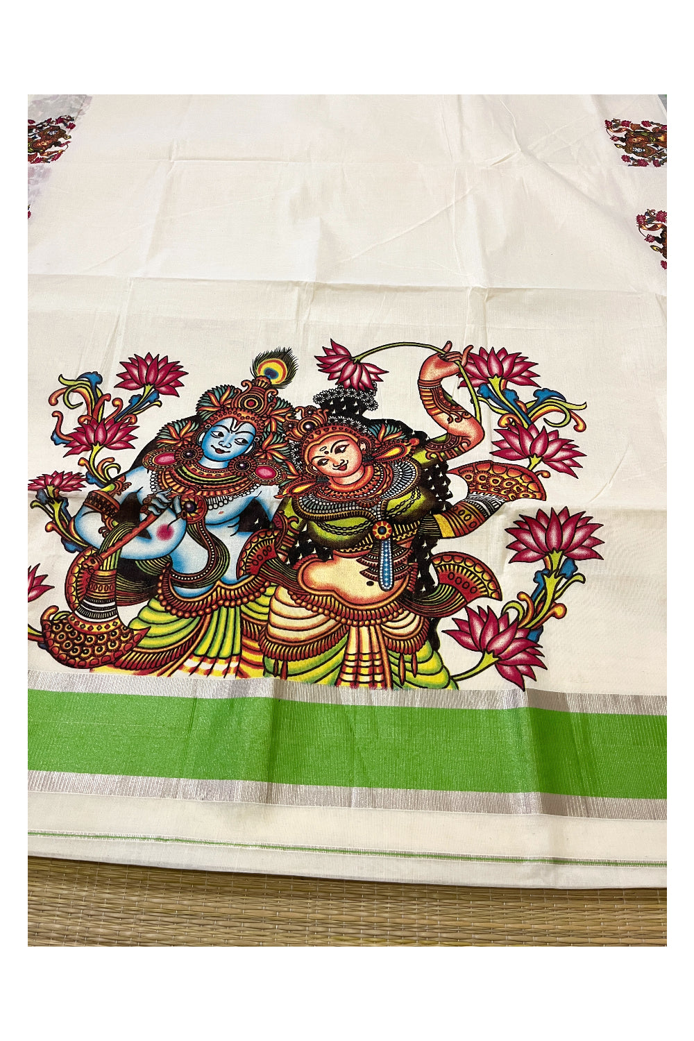 Kerala Pure Cotton Silver Kasavu Saree with Mural Krishna Radha Printed and Green Border