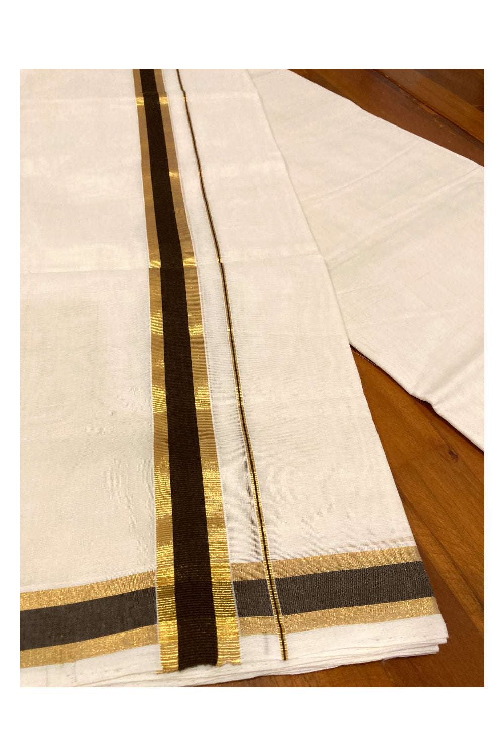 Southloom Premium Handloom Cotton Off White Mundu with Brown and Kasavu Border (South Indian Dhoti)