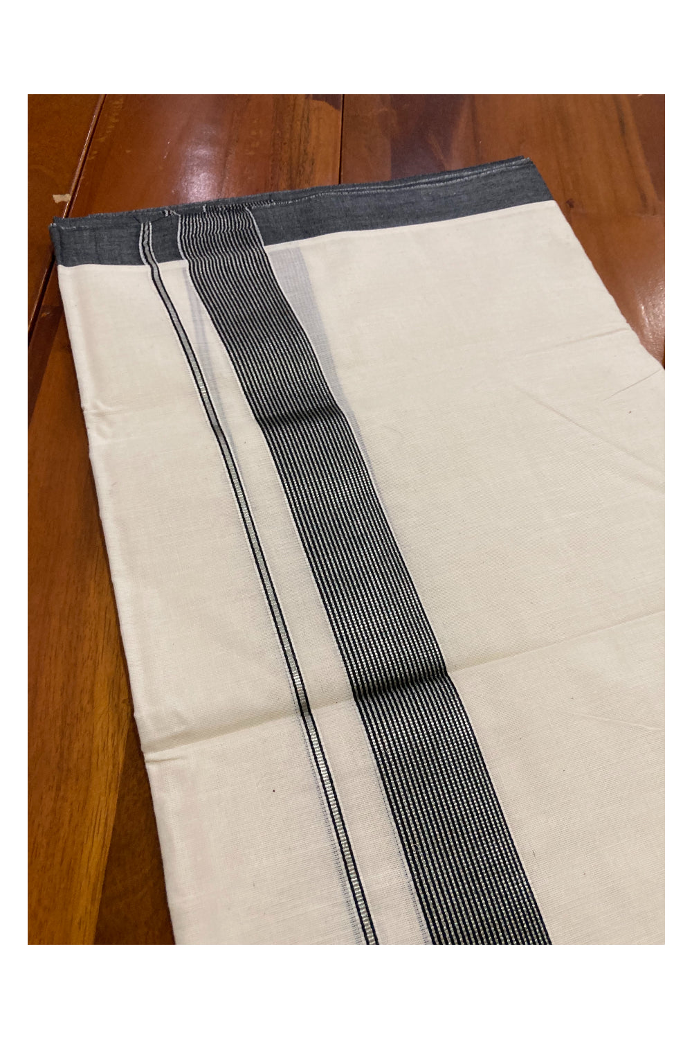 Off White Kerala Double Mundu with Silver Kasavu and Black Line Border (South Indian Dhoti)