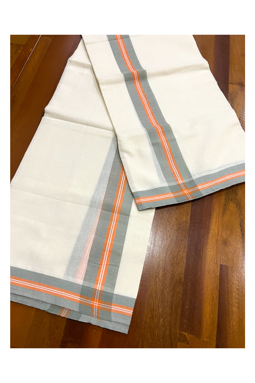 Kerala Cotton Mulloth Mundum Neriyathum Single (Set Mundu) with Grey and Orange Border (Extra Soft Cotton)