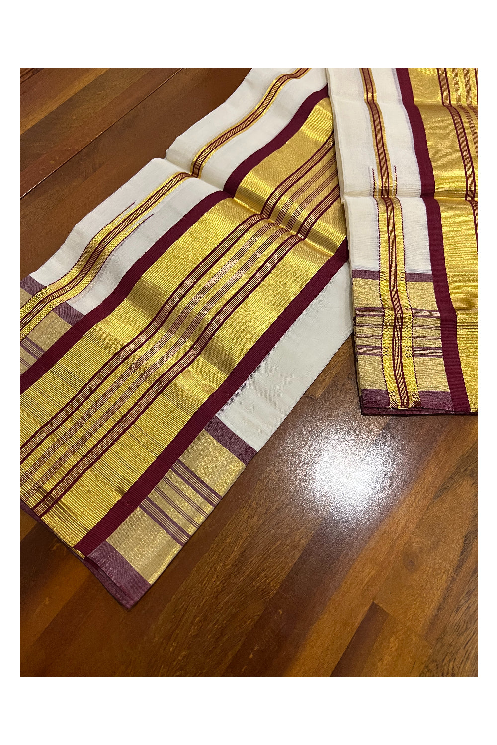 Southloom Premium Handloom Set Mundu with Kasavu and Maroon Stripes Border 2.80 Mtrs