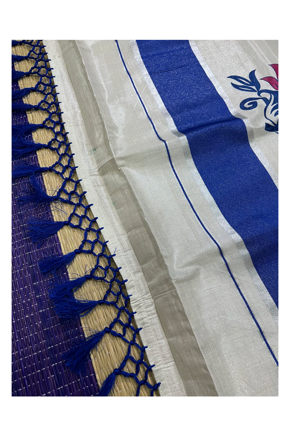 Kerala Tissue Kasavu Saree with Blue Magenta Mural Floral Design and Tassels on Pallu