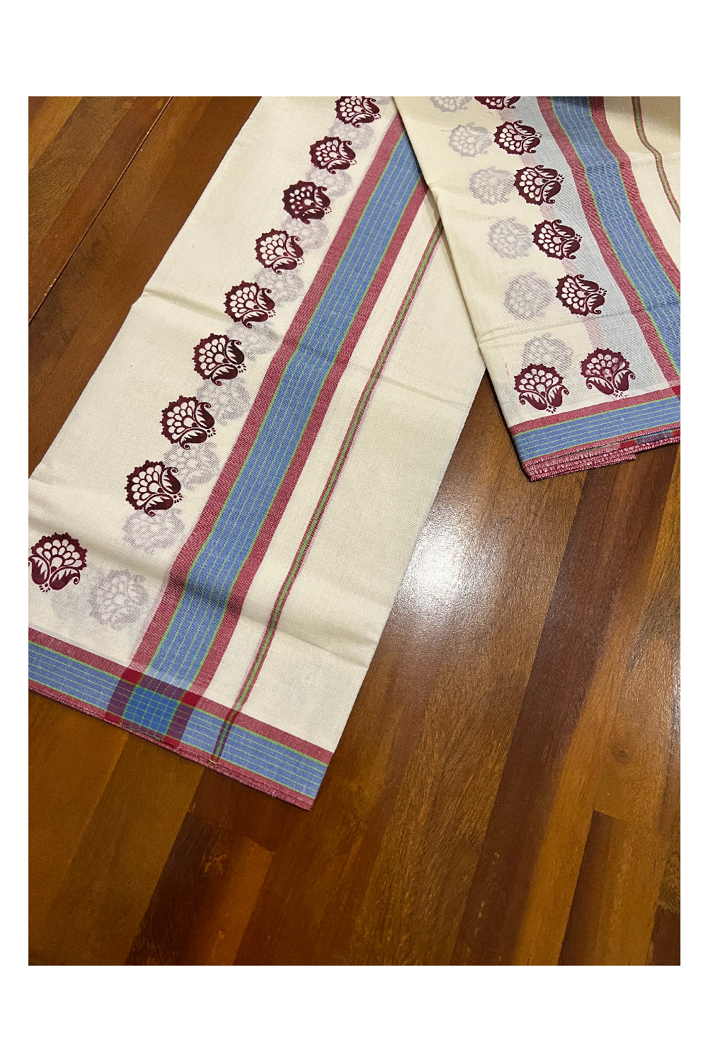 Kerala Cotton Mulloth Mundum Neriyathum Single (Set Mundu) with Maroon Floral Block Print Border (Extra Soft Cotton)