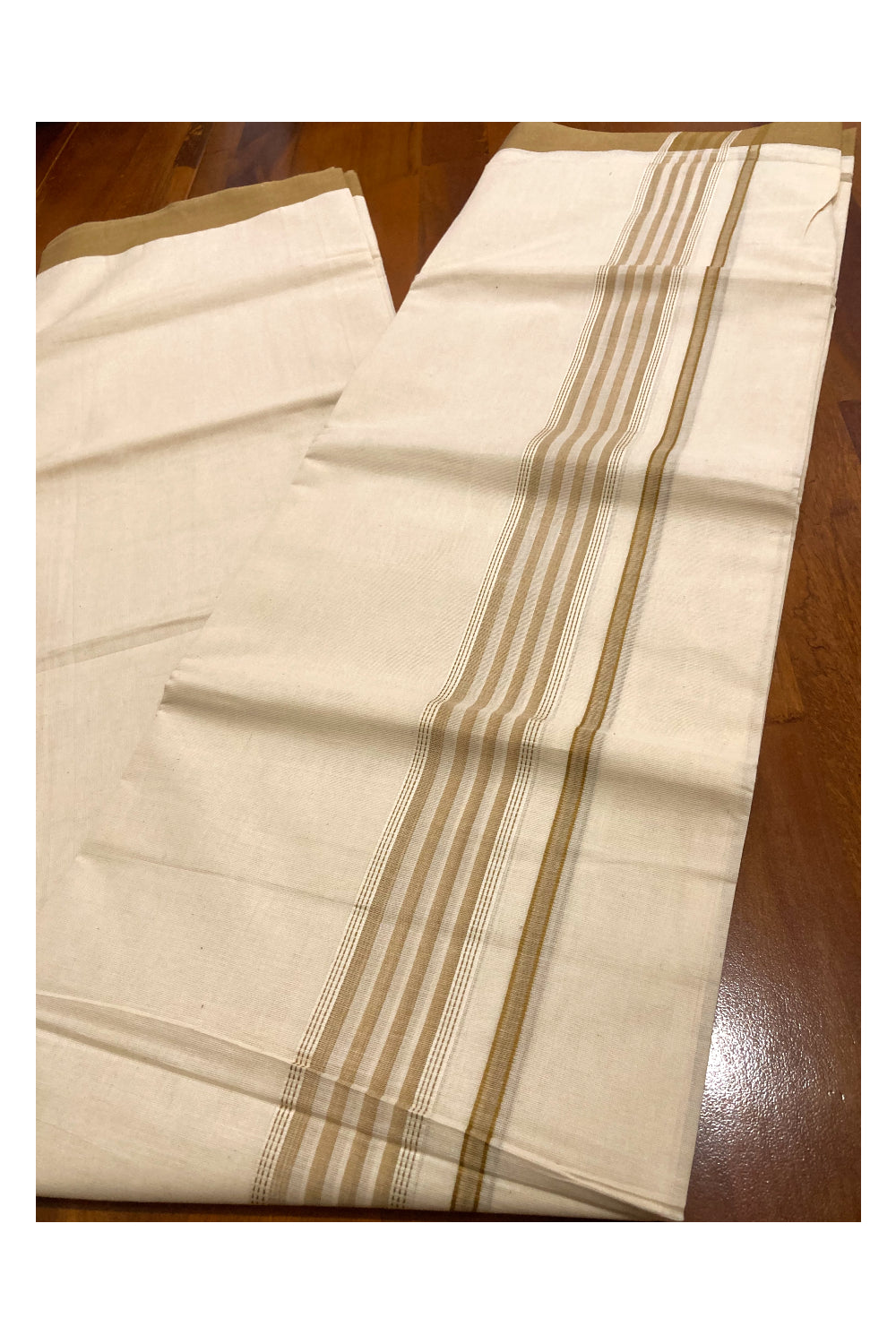 Off White Kerala Double Mundu with Brown Lines Border (South Indian Dhoti)