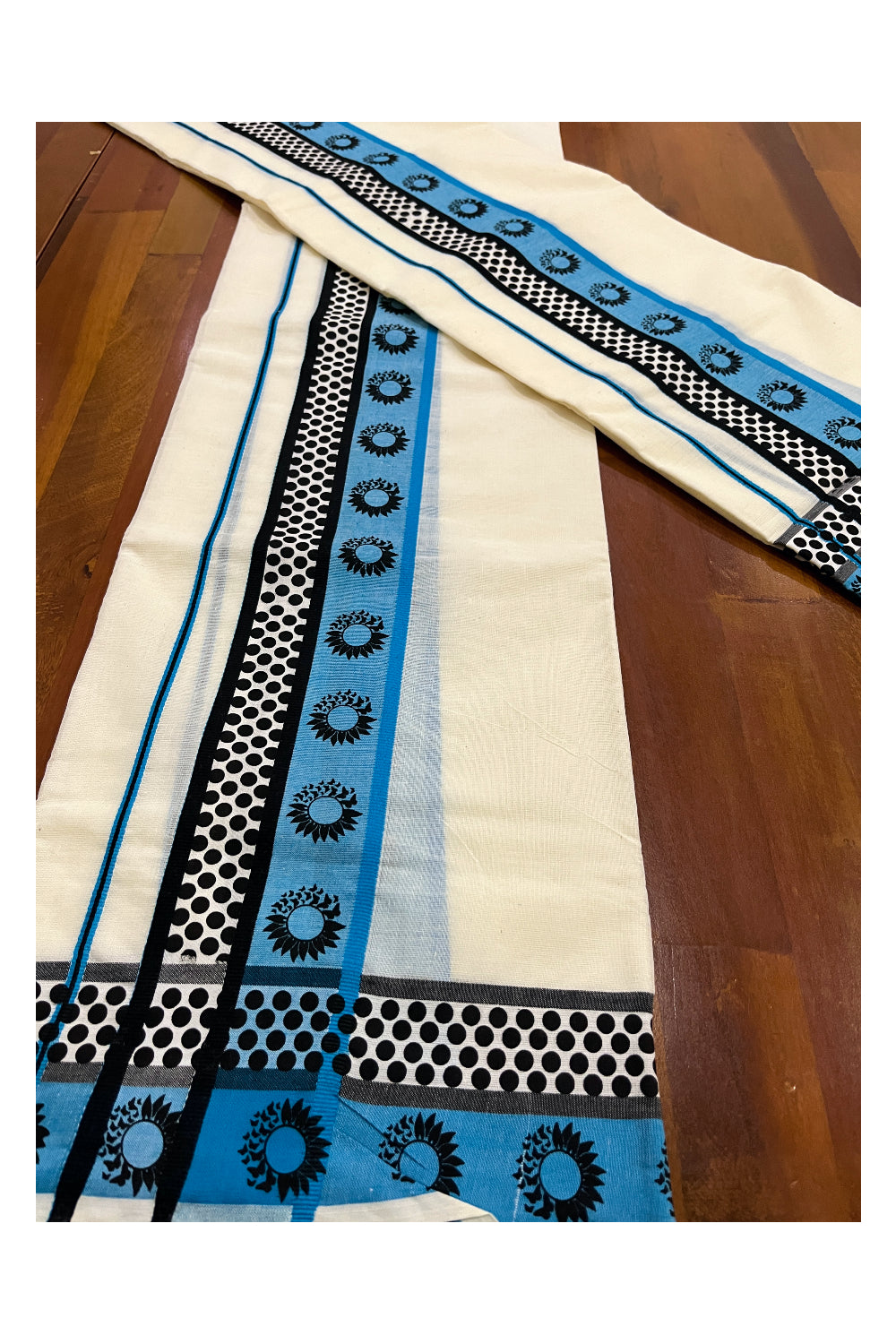 Kerala Cotton Single Set Mundu (Mundum Neriyathum) with Blue Black Block Prints on Border