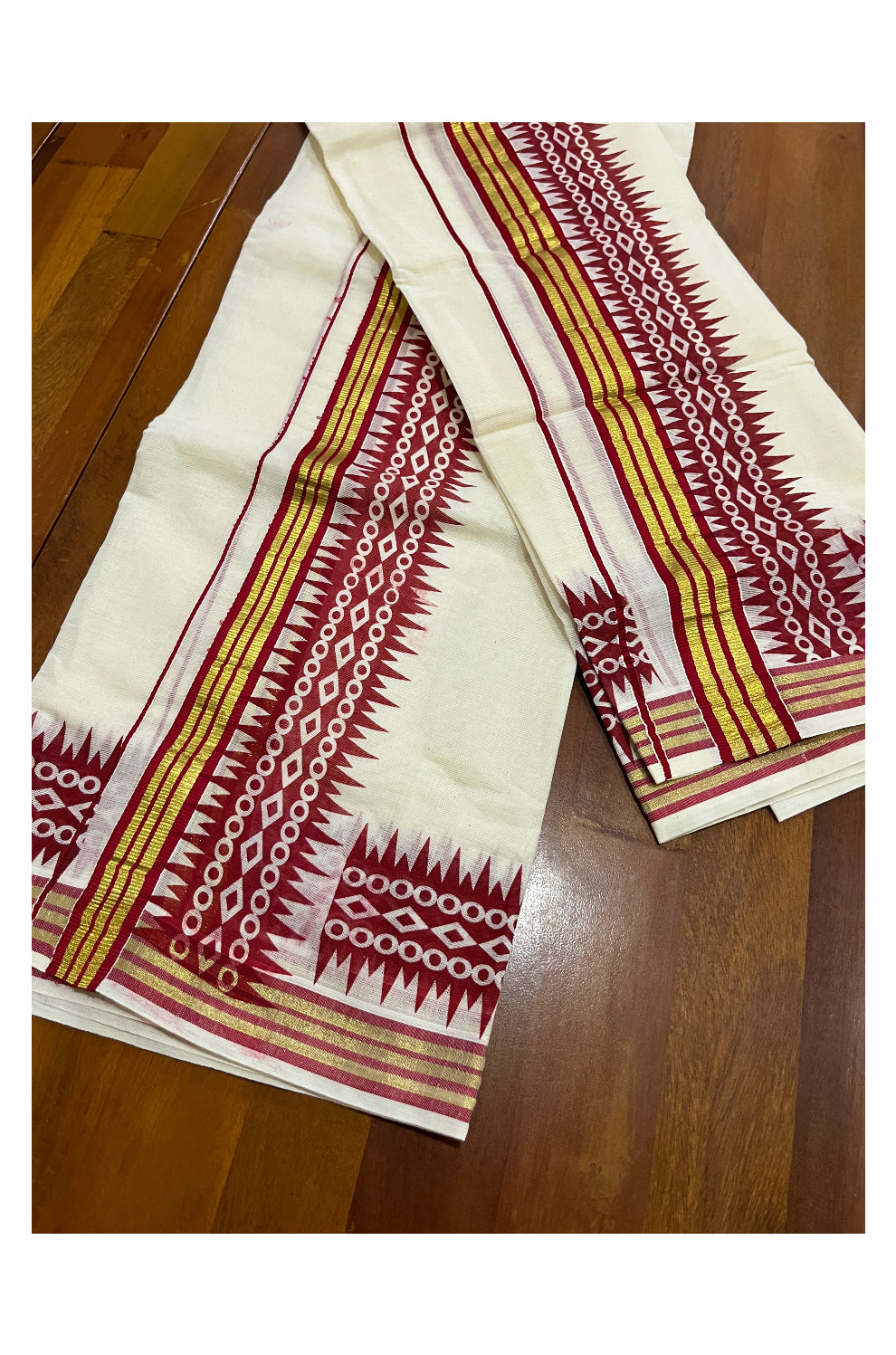 Pure Cotton Kasavu Single Set Mundu (Mundum Neriyathum Vishu 2023) with Red Temple Block Prints on Border