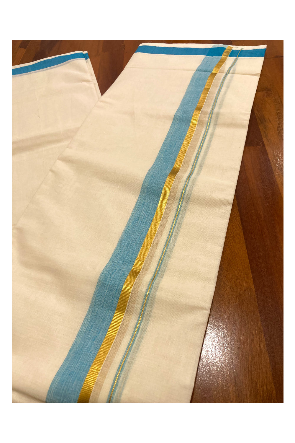 Pure Cotton Off White Double Mundu with Blue and Kasavu Border (South Indian Dhoti)