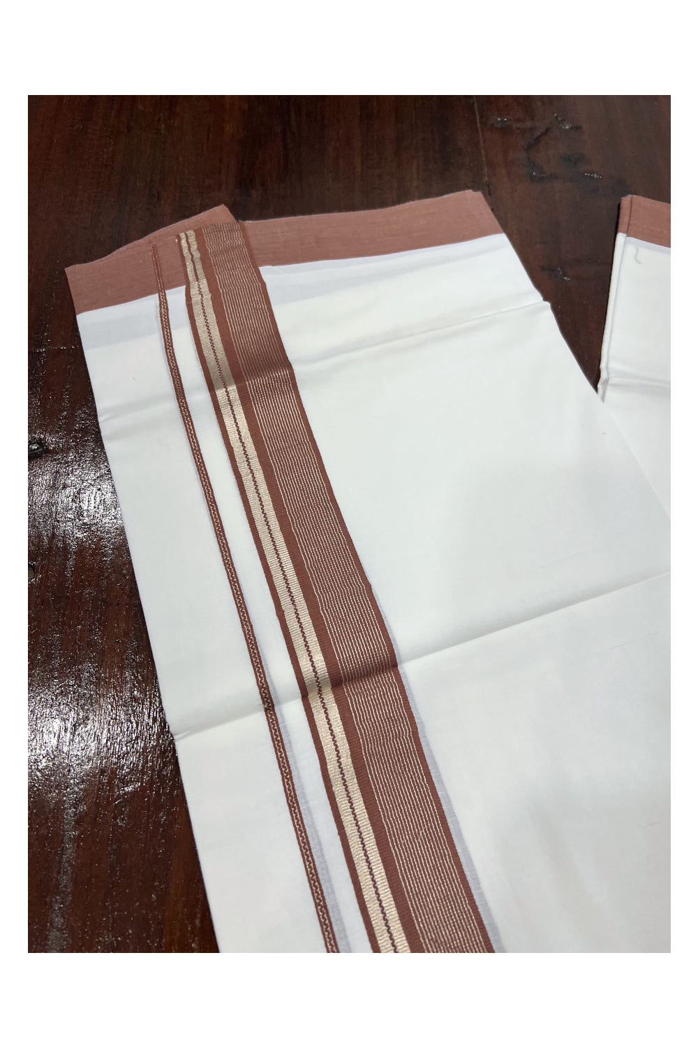 Pure White Cotton Double Mundu with Silver Kasavu and Brown Border (South Indian Dhoti)
