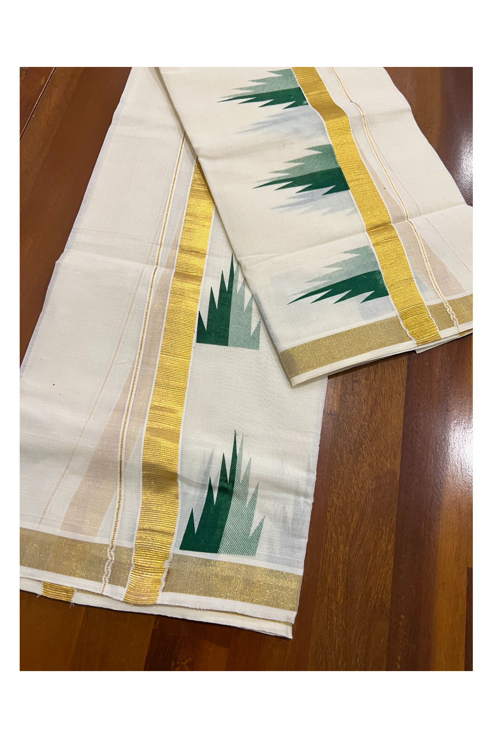 Kerala Cotton Kasavu Set Mundu (Mundum Neriyathum) with Green Temple Block Prints