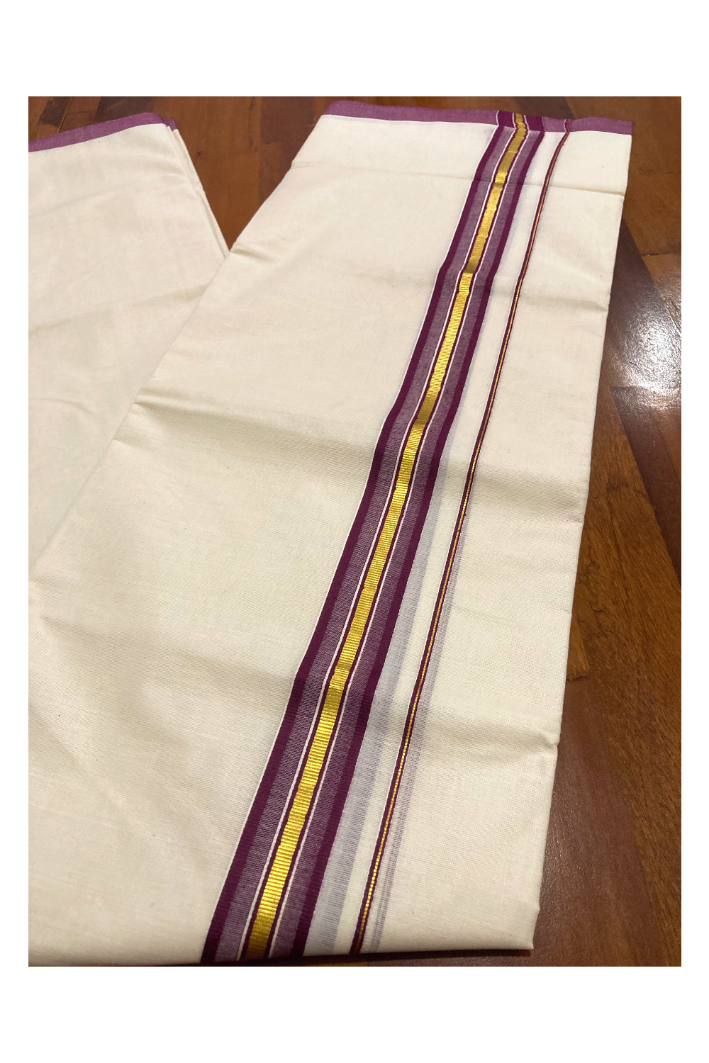 Pure Cotton Double Mundu with Purple and Kasavu Border (South Indian Dhoti)