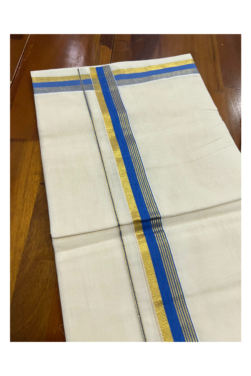 Southloom Balaramapuram Handloom Pure Cotton Mundu with Blue and Kasavu Border (South Indian Dhoti)