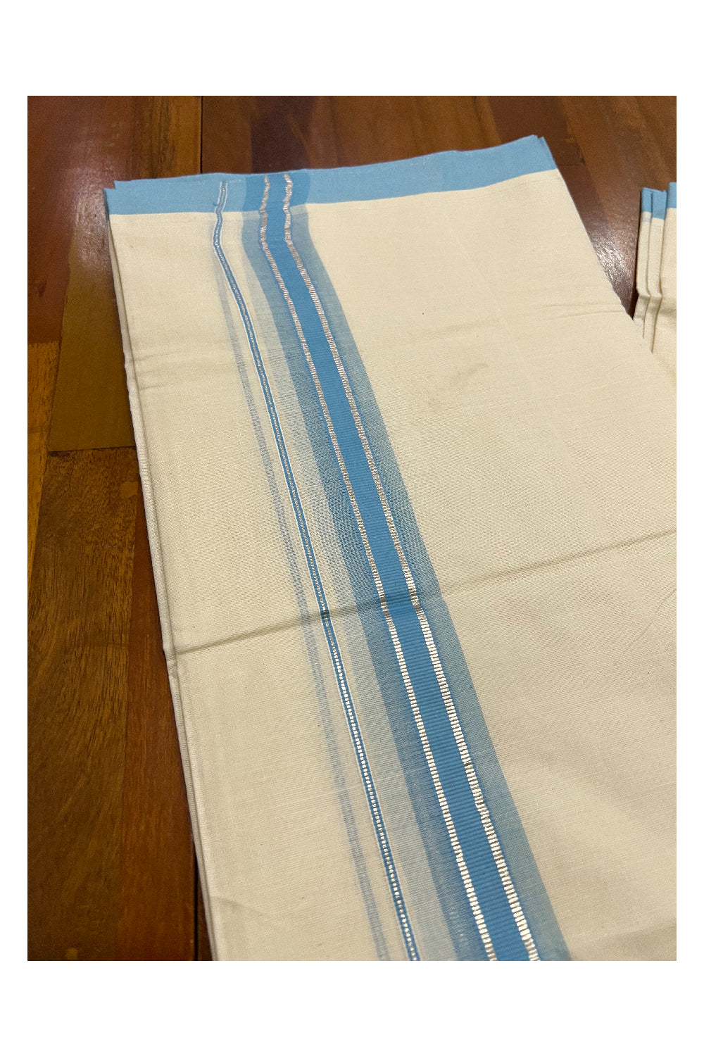 Pure Cotton Off White Double Mundu with Silver Kasavu and Light Blue Border (South Indian Dhoti)