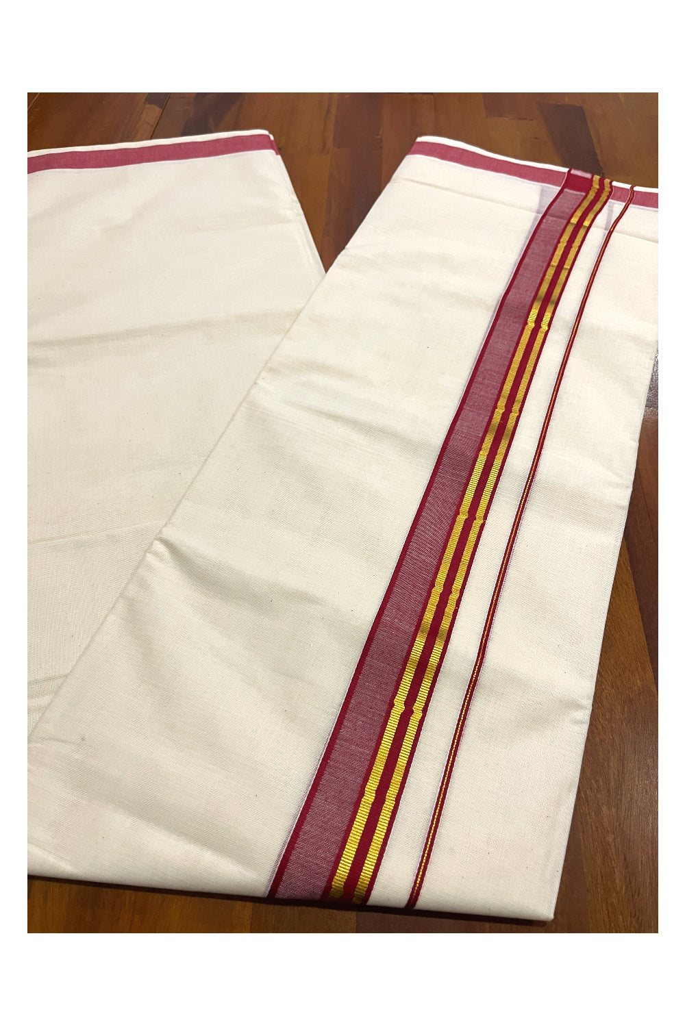 Pure Cotton Off White Double Mundu with Red and Kasavu Kara (South Indian Dhoti)