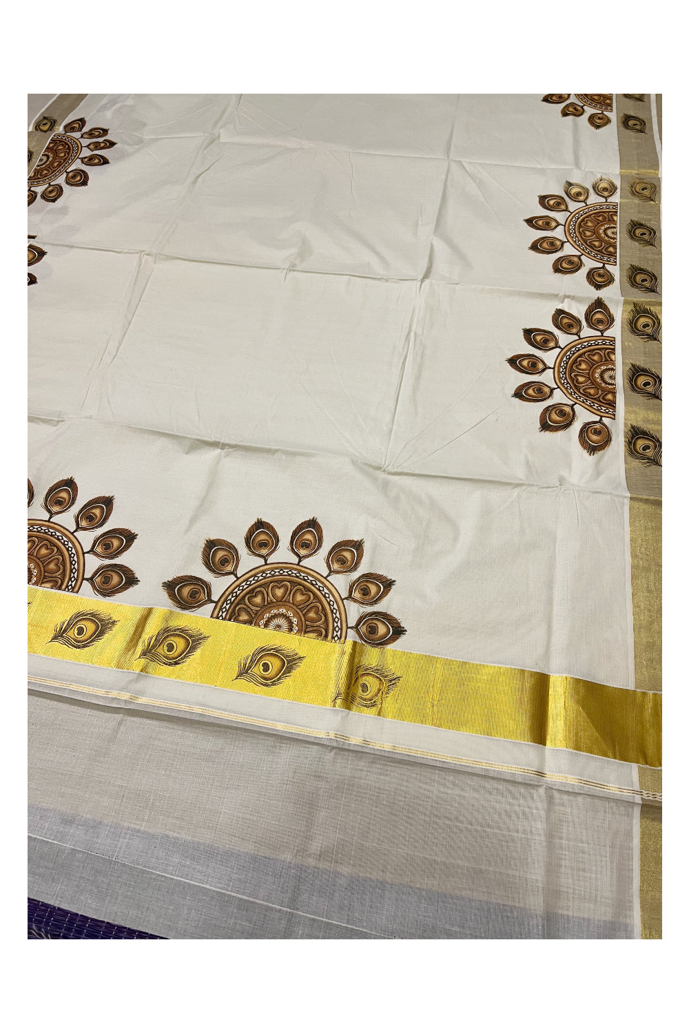 Pure Cotton Kerala Kasavu Saree with Mural Printed Brown Feather Semi Circle Design