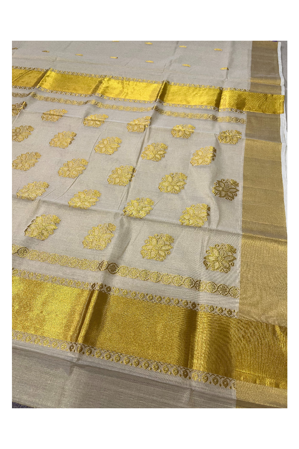 Southloom™ Premium Handloom Kasavu Tissue Handwoven Floral Heavy Work Saree