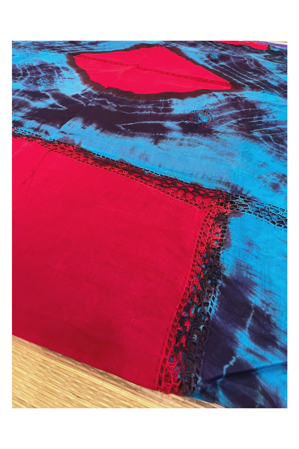 Southloom Pure Cotton Red Saree with Designer Blue Crochet works on Border