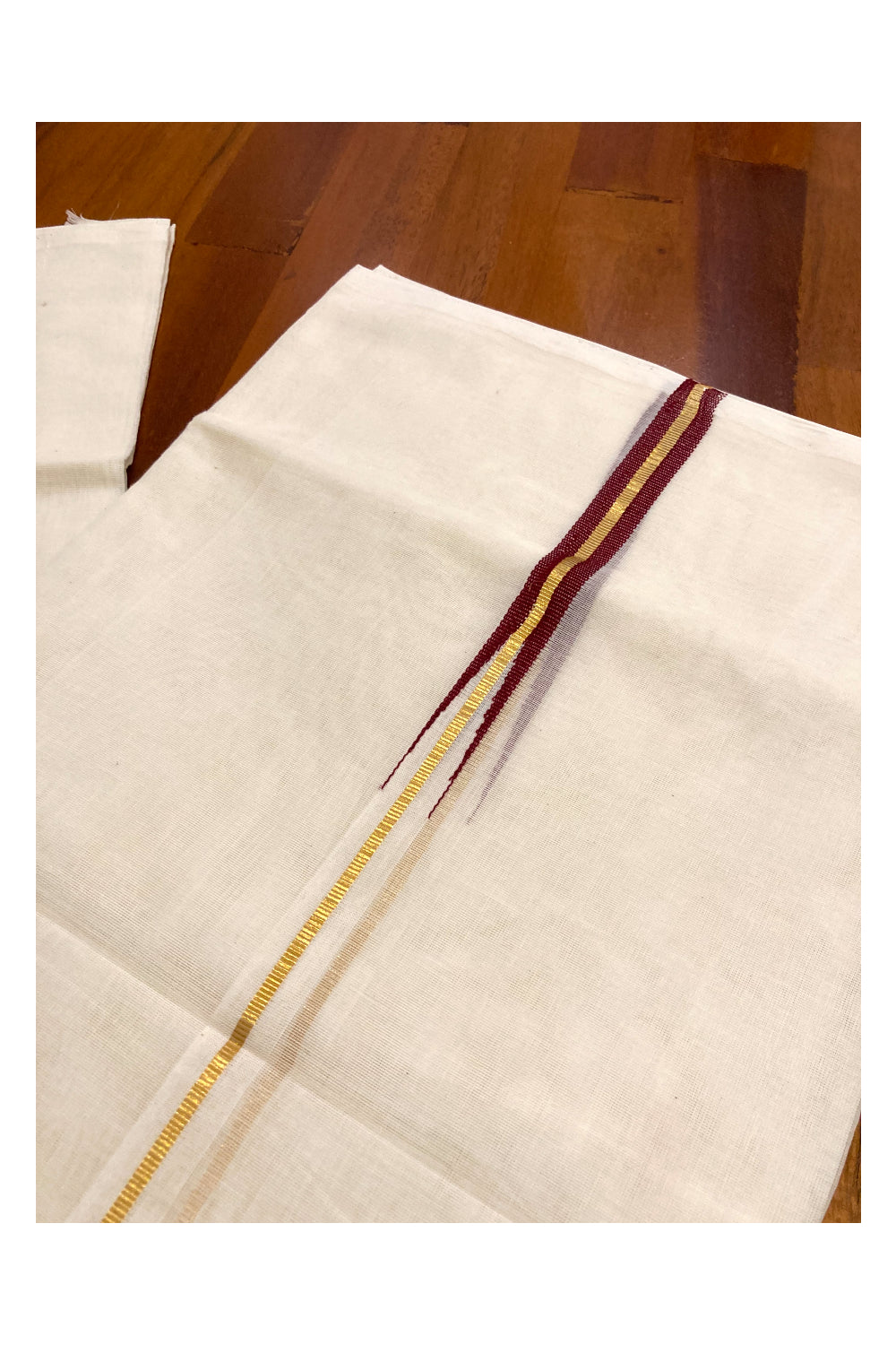 Southloom Premium Handloom Kasavu Double Mundu with Maroon Chutti (South Indian Dhoti)