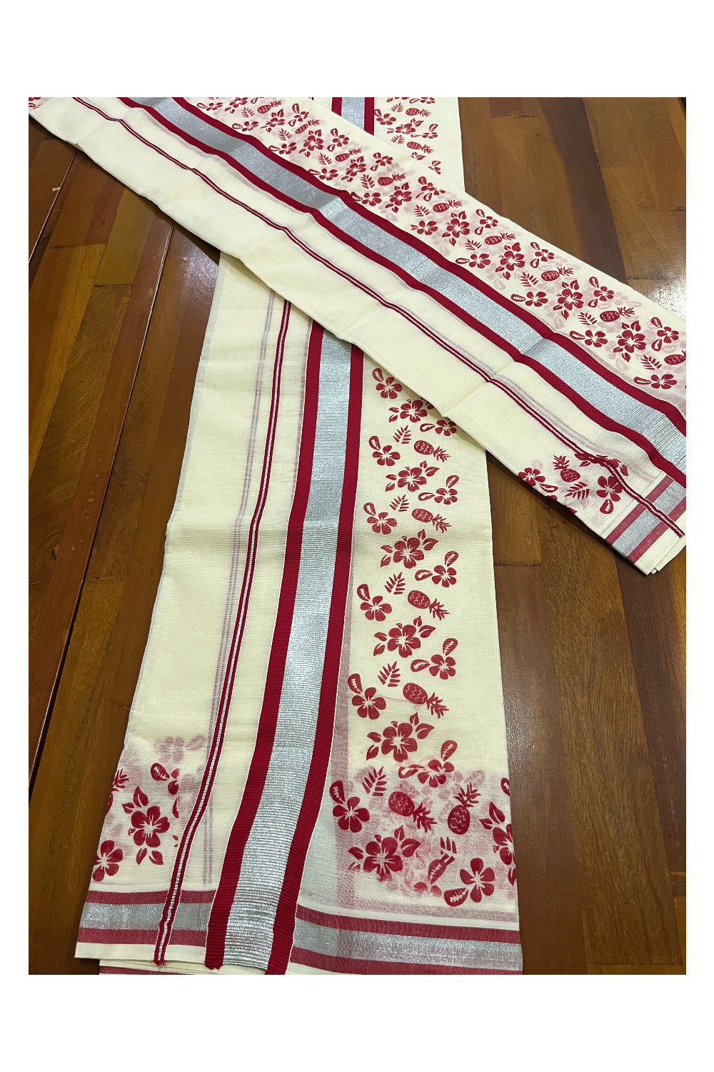 Pure Cotton Single Set Mundu (Mundum Neriyathum Onam 2023) with Silver Kasavu and Red Floral Block Prints