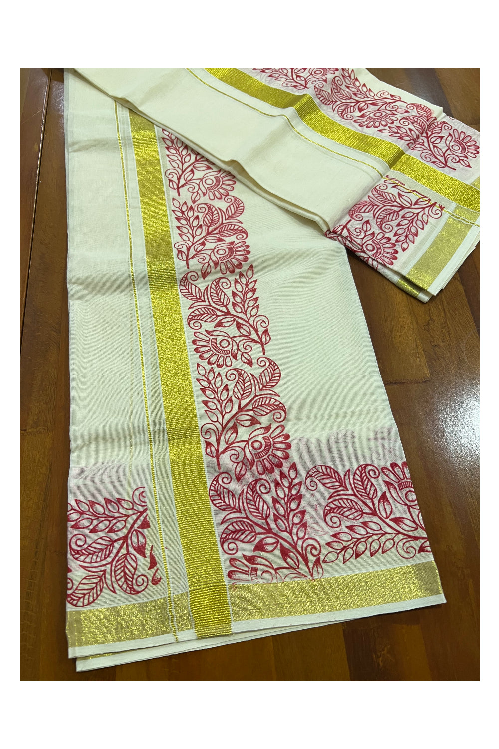 Kerala Cotton Kasavu Set Mundu (Mundum Neriyathum) with Red Floral Block Prints on Border