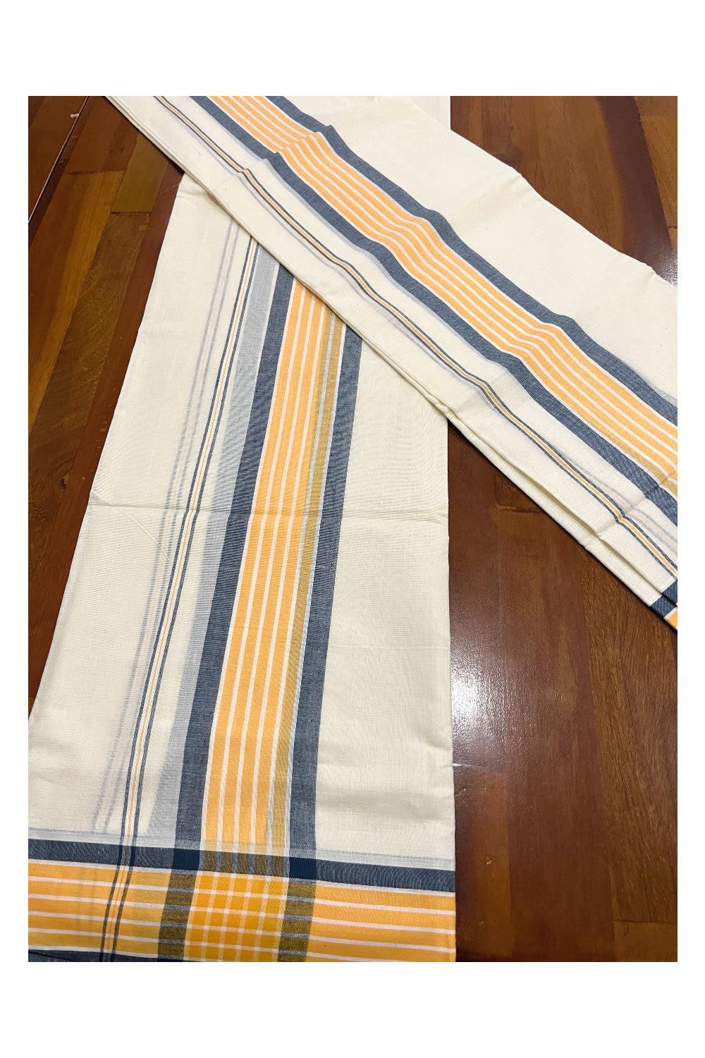 Kerala Cotton Mundum Neriyathum Single (Set Mundu) with Yellow and Blue Mulloth Border (Extra Soft Cotton) 2.80 Mtrs