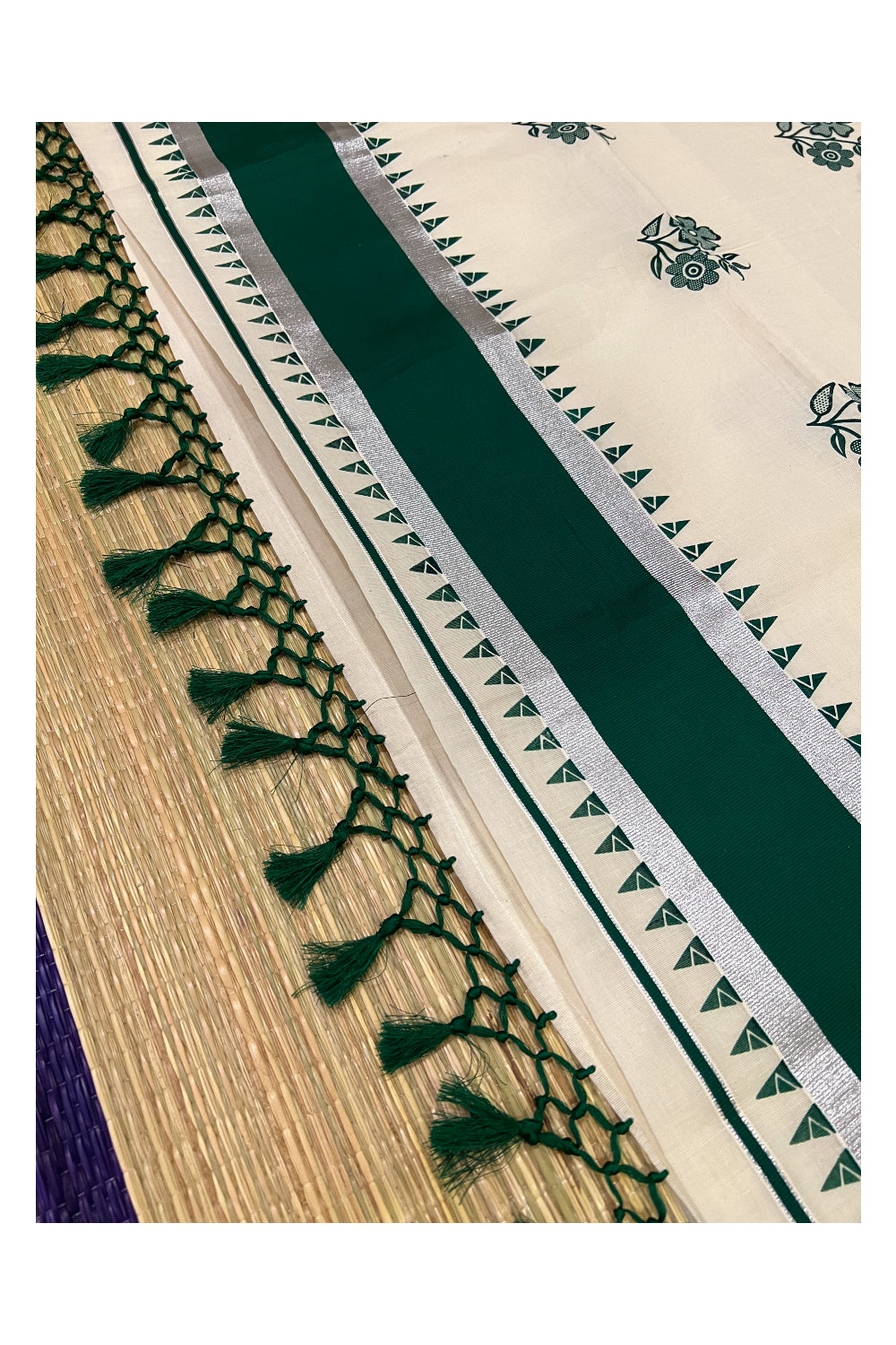 Pure Cotton Kerala Saree with Silver Kasavu Green Floral Block Prints on Border and Tassels Works