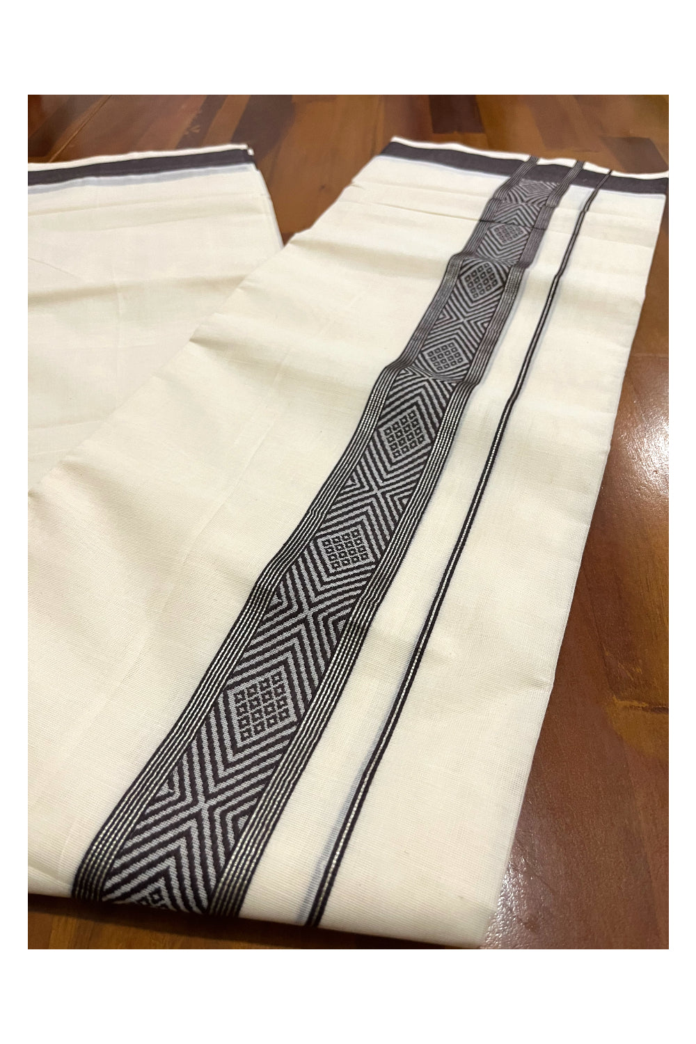 Pure Cotton Off White Double Mundu with Silver Kasavu and Dark Brown Woven Border (South Indian Dhoti)