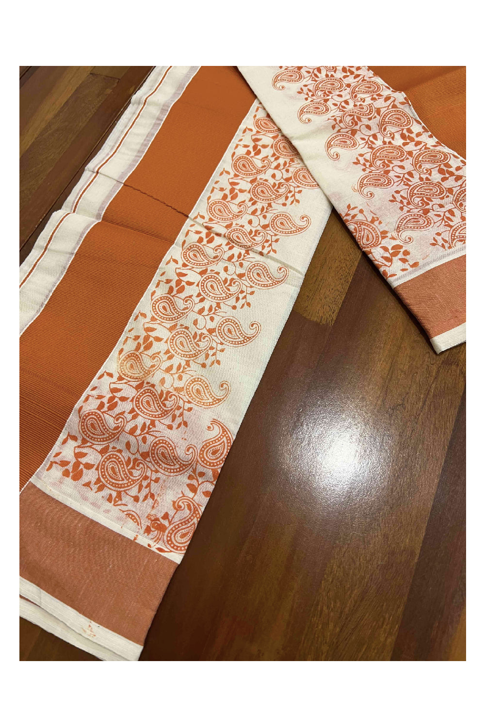 Kerala Cotton Set Mundu (Mundum Neriyathum) with Saffron Block Printed Border