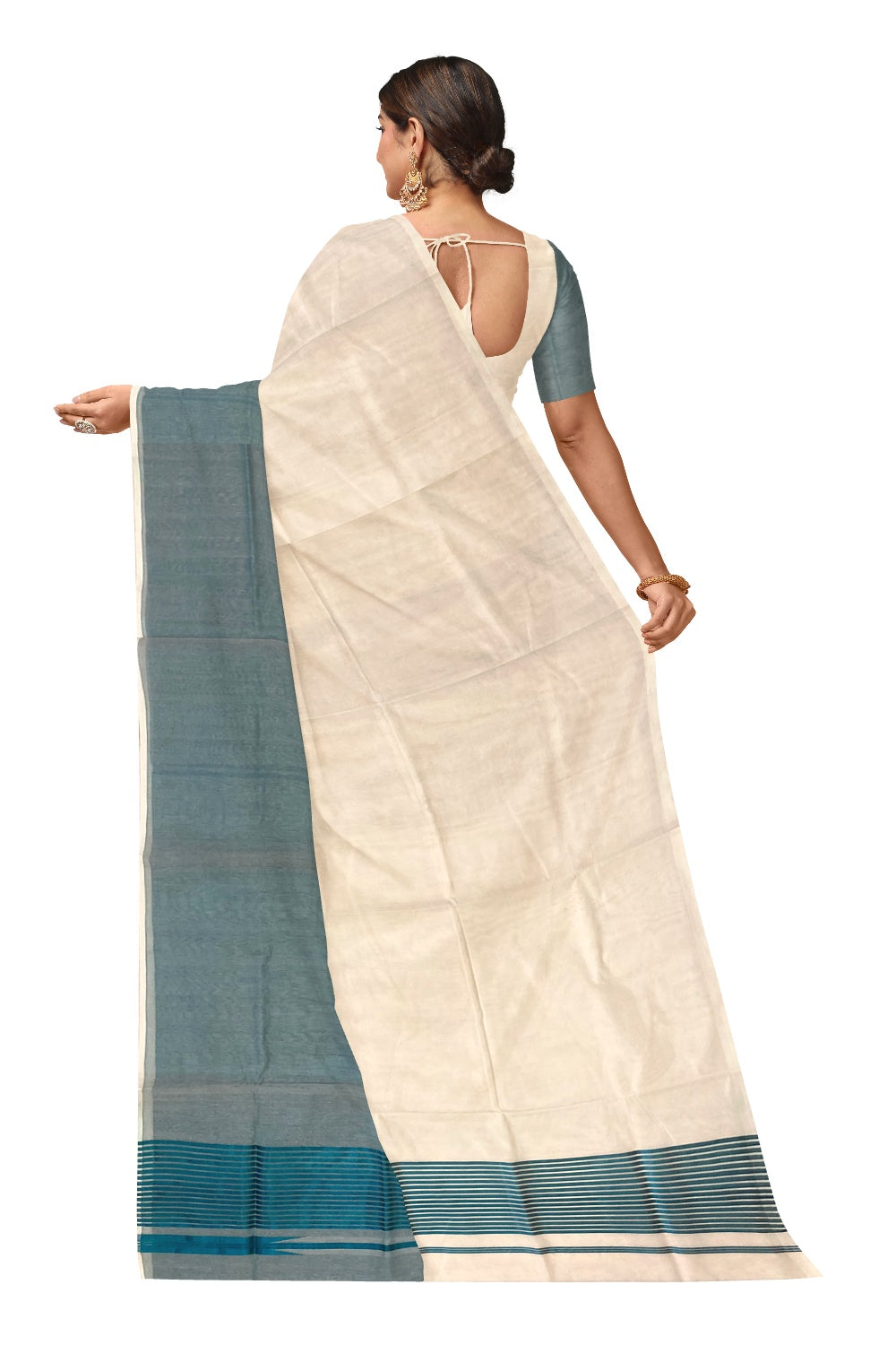 Southloom™ Premium Handloom Half & Half (Cotton / Tissue) Kerala Saree with Teal Blue Kasavu Pallu