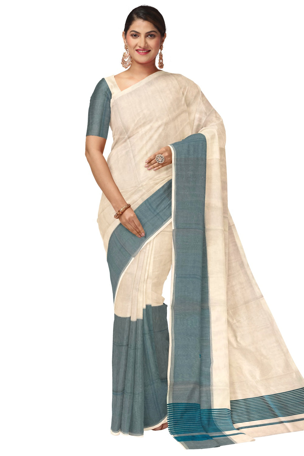 Southloom™ Premium Handloom Half & Half (Cotton / Tissue) Kerala Saree with Teal Blue Kasavu Pallu