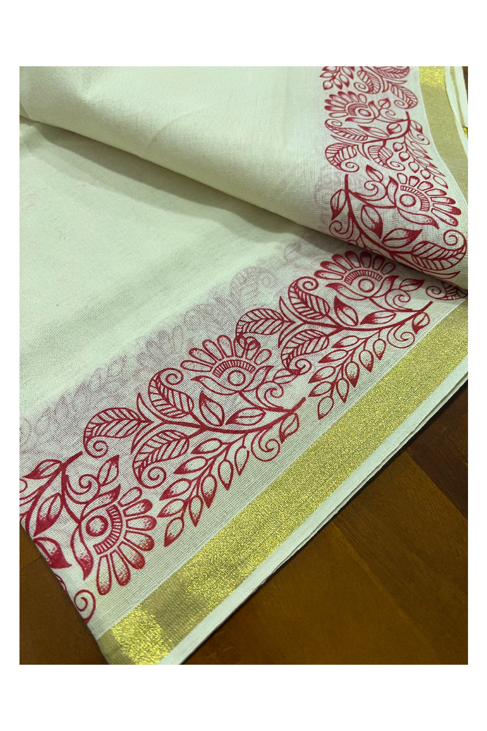 Kerala Cotton Kasavu Set Mundu (Mundum Neriyathum) with Red Floral Block Prints on Border