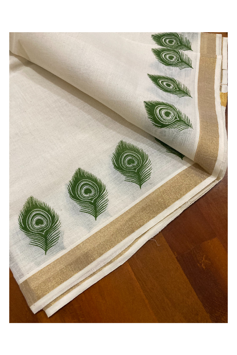 Kerala Cotton Kasavu Set Mundu (Mundum Neriyathum) with Green Feather and Temple Block Prints on Border