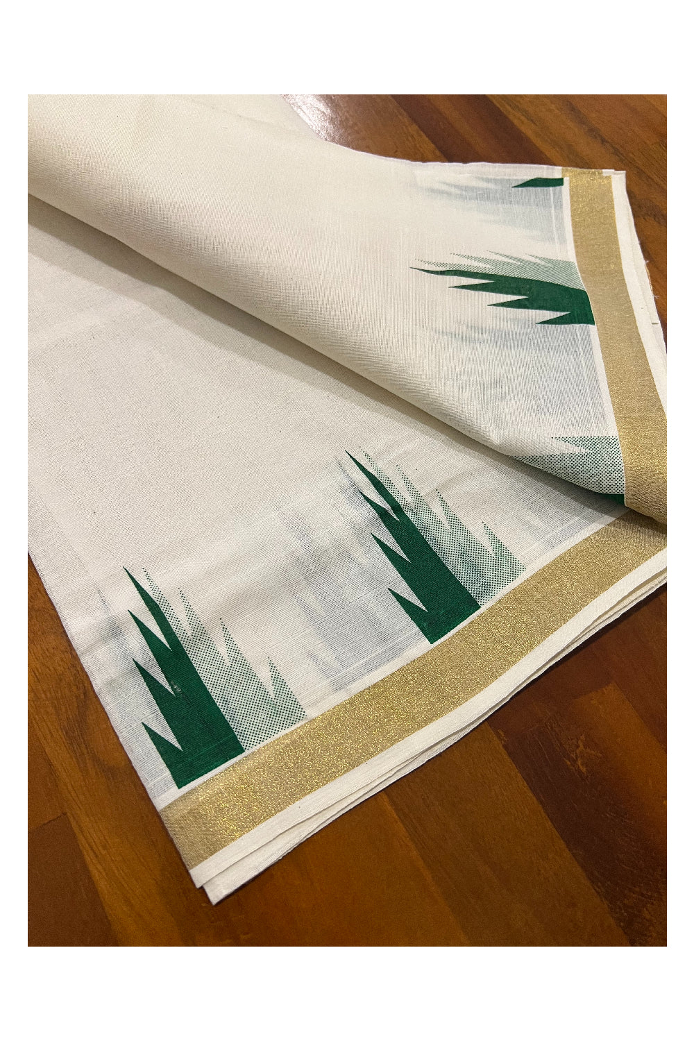 Kerala Cotton Kasavu Set Mundu (Mundum Neriyathum) with Green Temple Block Prints