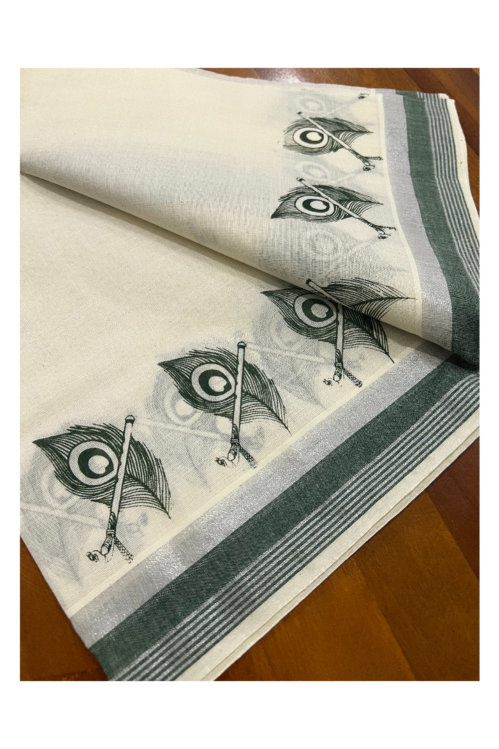 Pure Cotton Silver Kasavu Set Mundu (Mundum Neriyathum) with Dark Green Feather Block Prints on Border