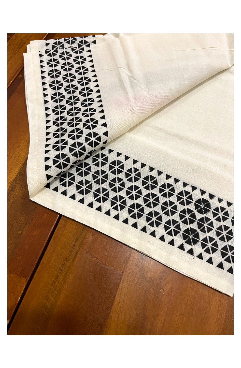 Kerala Cotton Set Mundu (Mundum Neriyathum) with Black Block Prints and Red Temple Border