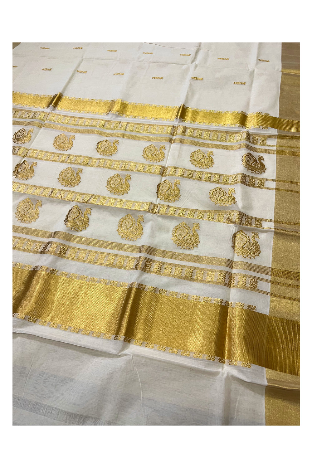 Southloom™ Original Handloom Cotton Kasavu Heavy Work Saree with Peacock Woven Design