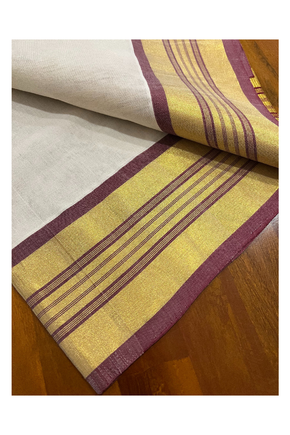 Southloom Premium Handloom Set Mundu with Kasavu and Maroon Stripes Border 2.80 Mtrs