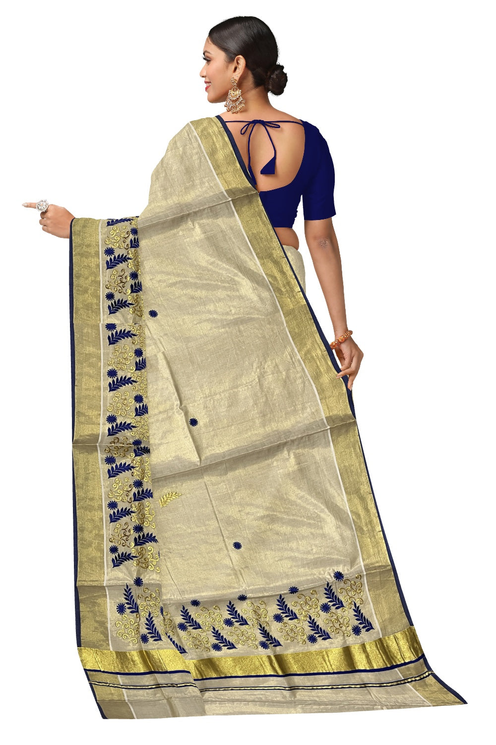 Kerala Tissue Kasavu Heavy Work Saree with Golden and Blue Floral Embroidery Design