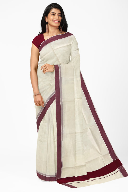 Pure Cotton Kerala Cotton Saree with Maroon Border