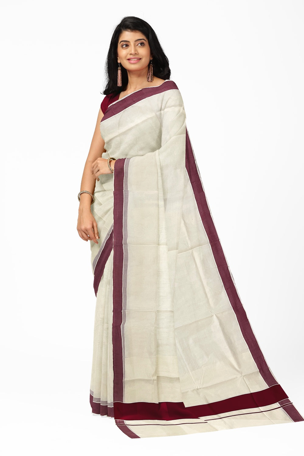 Trendy White Kerala Kasavu Cotton Saree With Blouse Piece