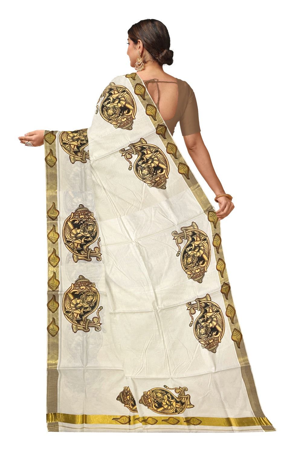 Kerala Pure Cotton Saree with Krishna and Shell Mural Prints and Printed Kasavu Border