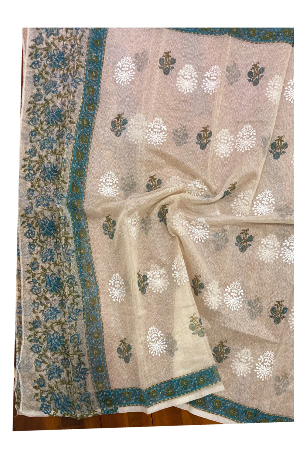 Southloom™ Kota Churidar Salwar Suit Material in White and Blue Floral Design