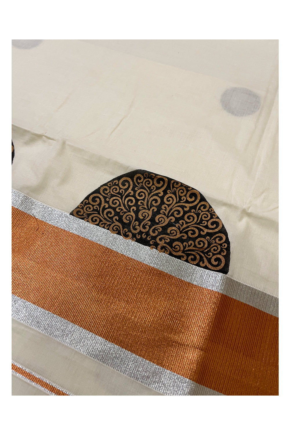 Kerala Cotton Silver and Copper Kasavu Border Saree with Block Printed Design