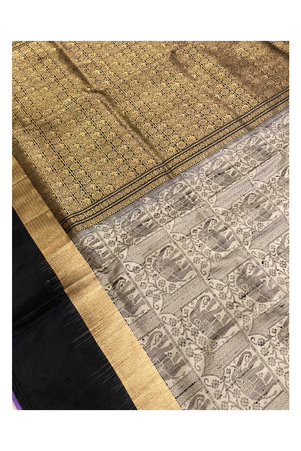 Southloom Handloom Pure Silk Kanchipuram Saree in Grey Elephant Motifs