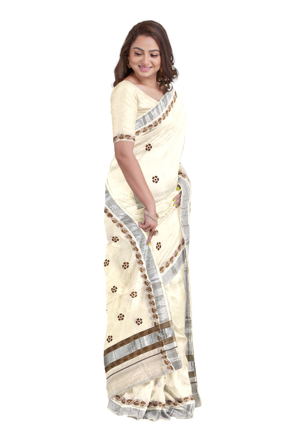 Pure Cotton Kerala Saree with Brown Block Printed Floral Design and Silver Kasavu Border