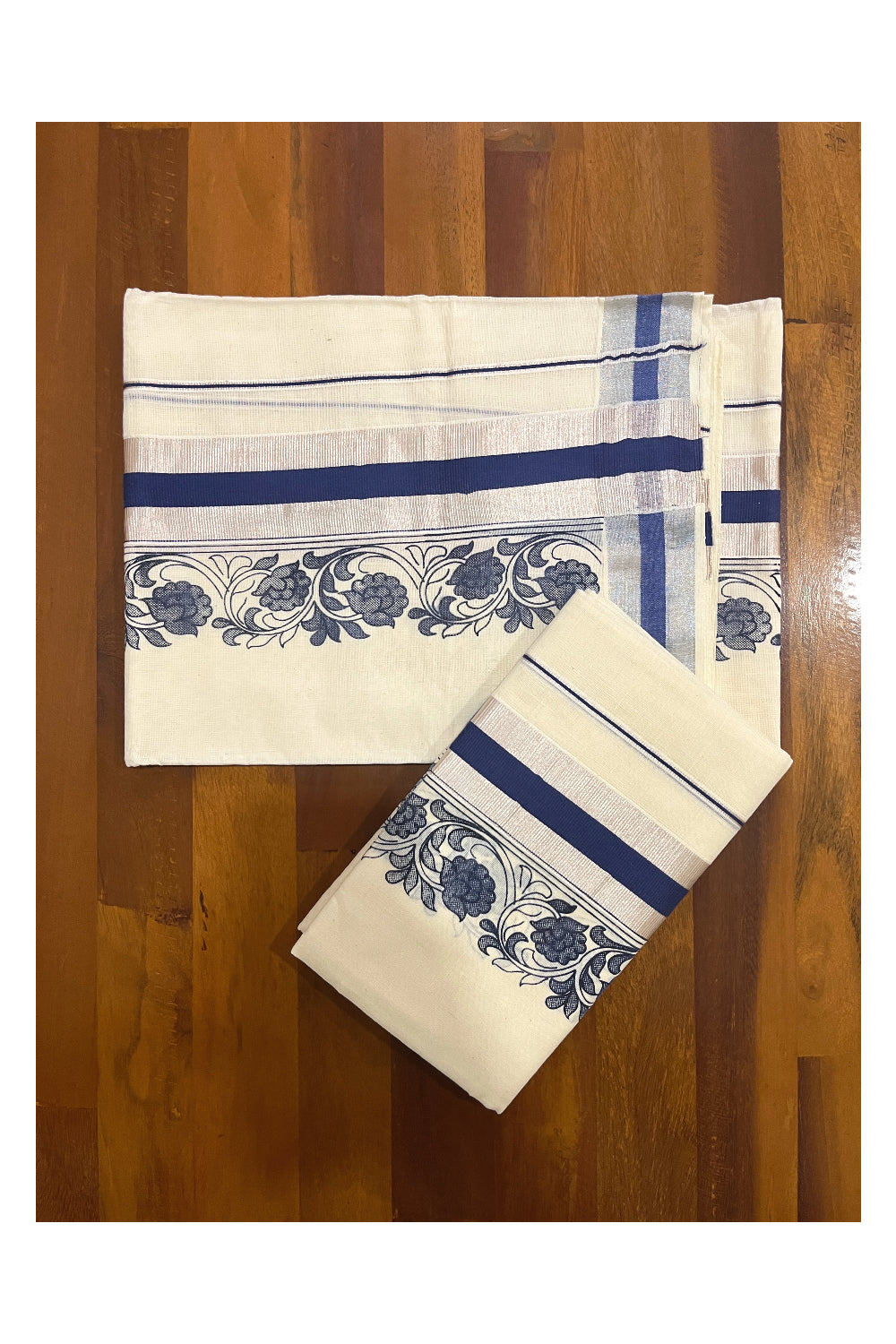 Pure Cotton Single Set Mundu (Mundum Neriyathum Vishu 2023) with Silver Kasavu and Blue Floral Block Prints 2.80 Mtrs