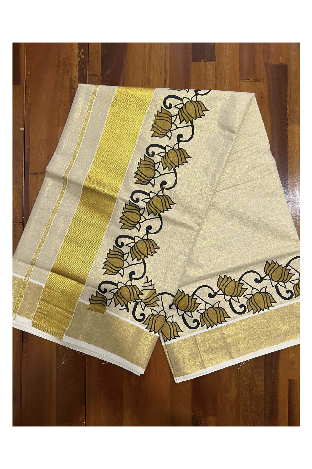 Kerala Tissue Kasavu Saree With Mural Olive Green Floral Design on Pallu and Border