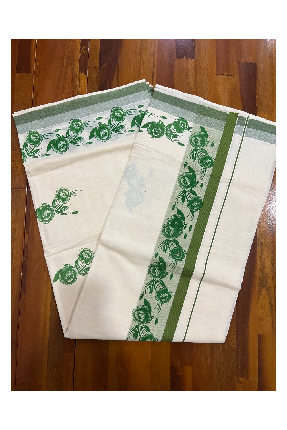 Pure Cotton Kerala Saree with Bottle Green Floral Block Printed Design