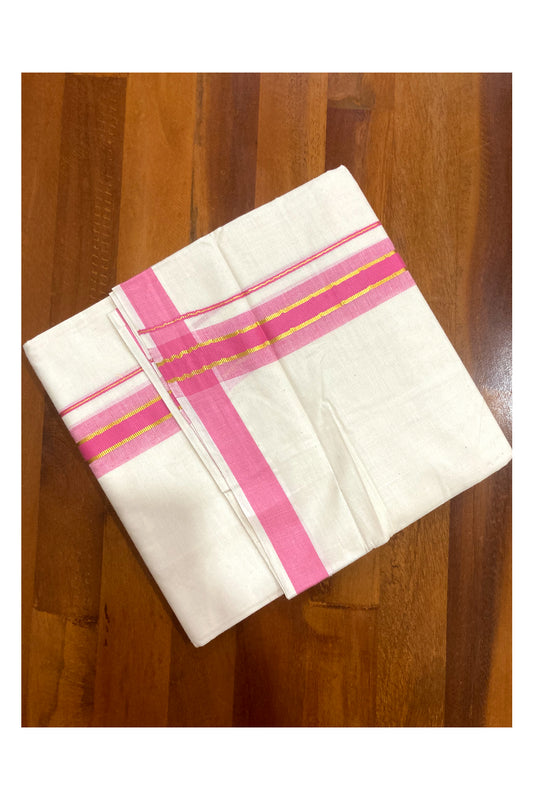 Pure Cotton Double Mundu with Pink and Kasavu Border (South Indian Dhoti)