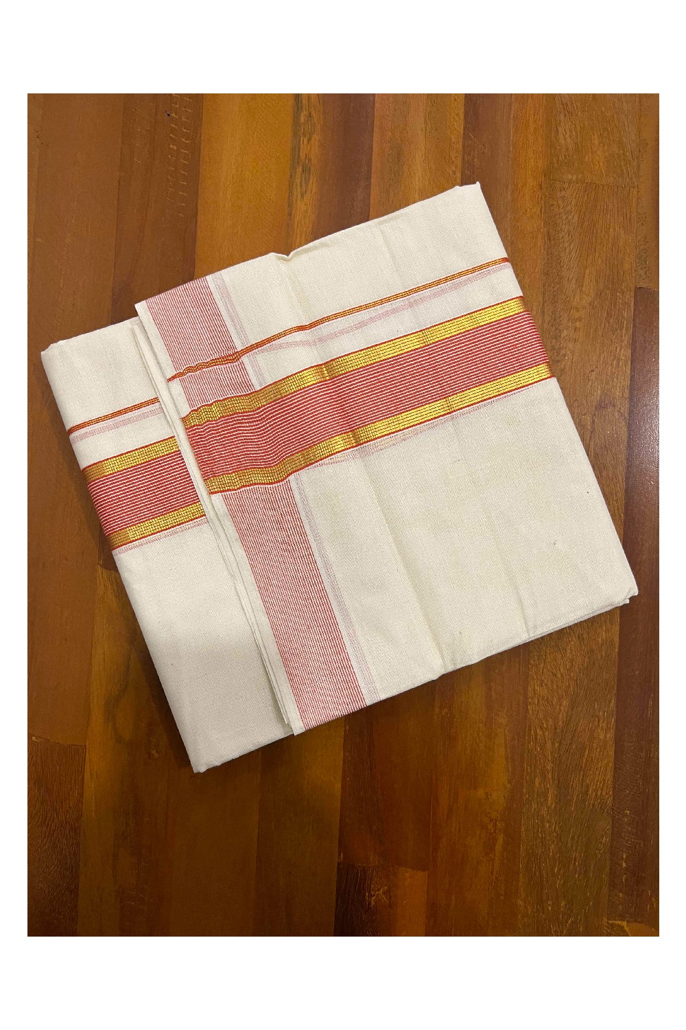 Off White Kerala Double Mundu with Red and Kasavu Border (South Indian Dhoti)