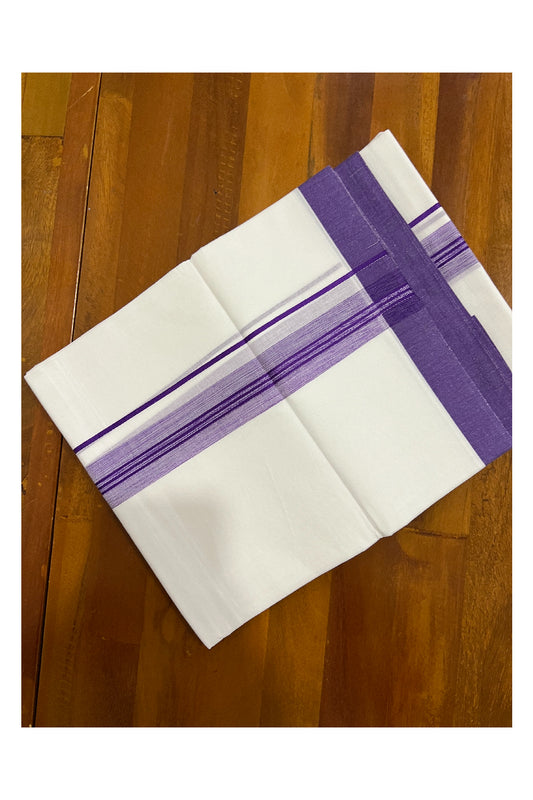 Pure White Kerala Cotton Double Mundu with Violet Border (South Indian Dhoti)